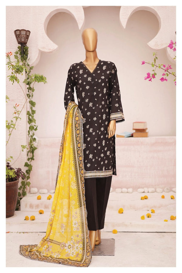 Lawn - Stitched Printed 3piece with Lace work - Black