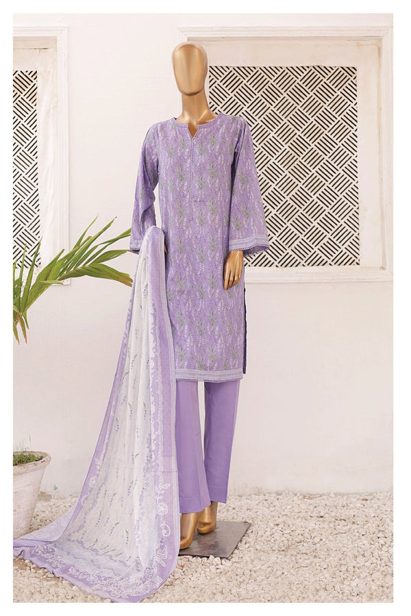 Lawn - Stitched Printed 3piece with Lace work - Purple