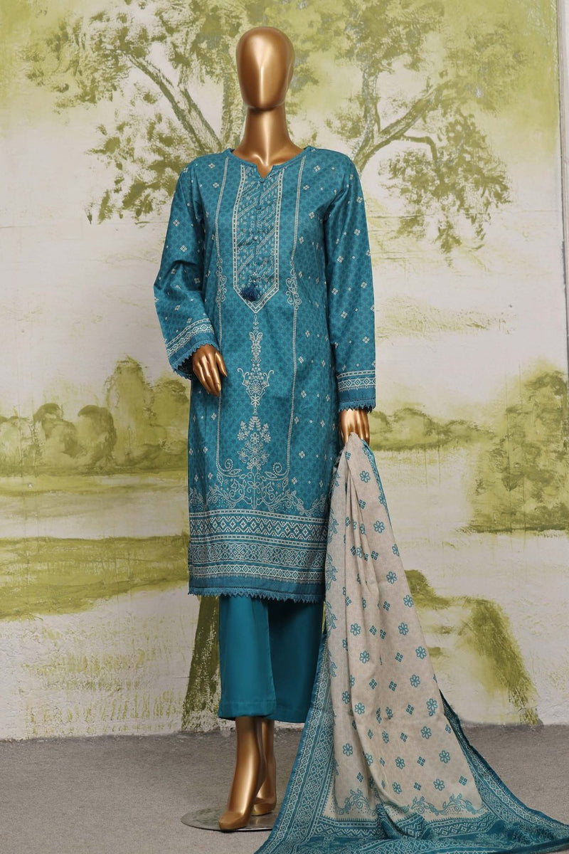 Lawn - Stitched Printed 3piece with Lace work - Teal