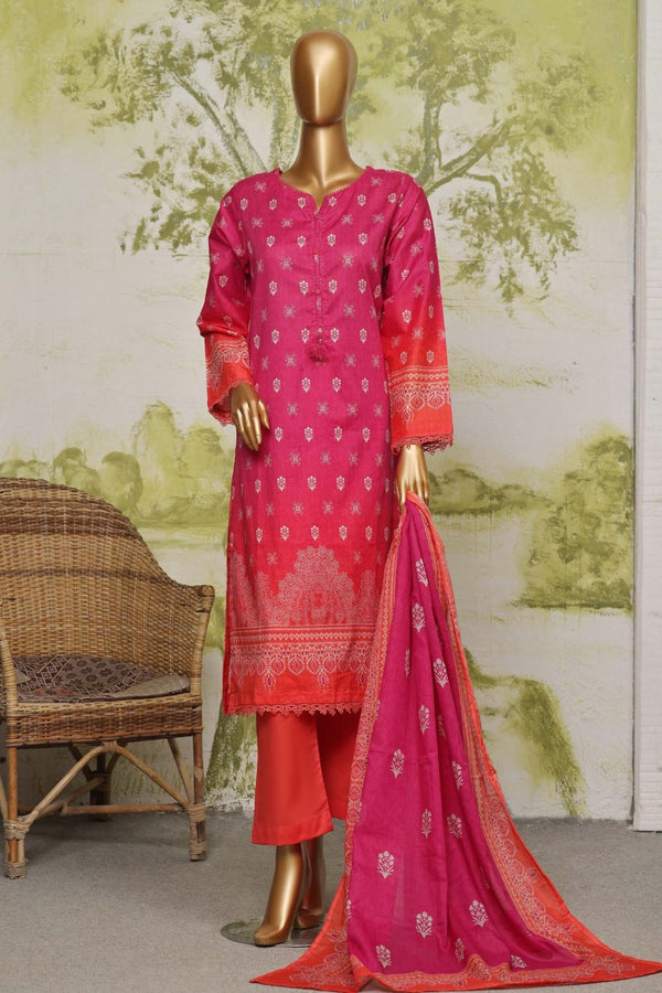 Lawn - Stitched Printed 3piece with Lace work - Pink