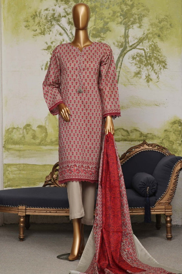 Lawn - Stitched Printed 3piece with Lace work - Greyish beige