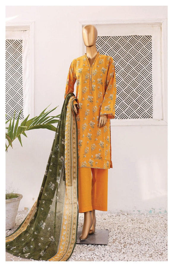 Lawn - Stitched Printed 3piece with Lace work - Yellow