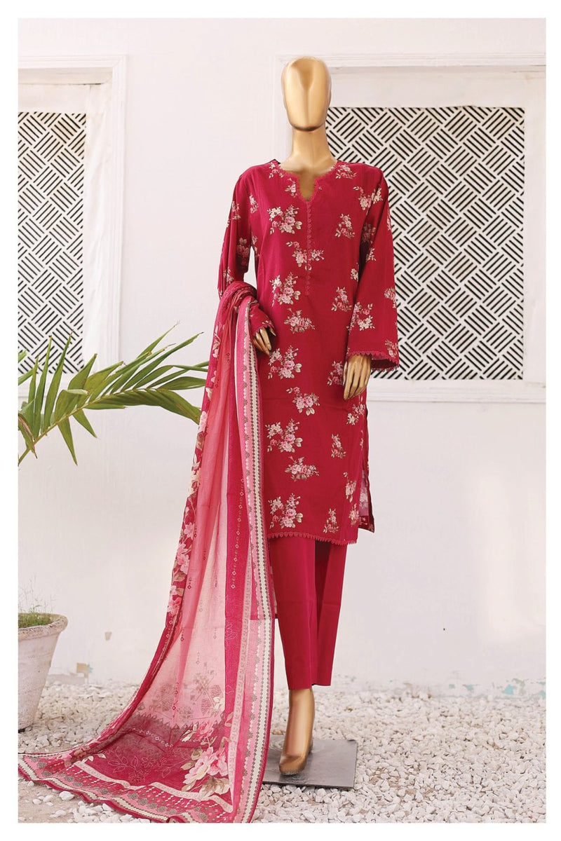 Lawn - Stitched Printed 3piece with Lace work - Red