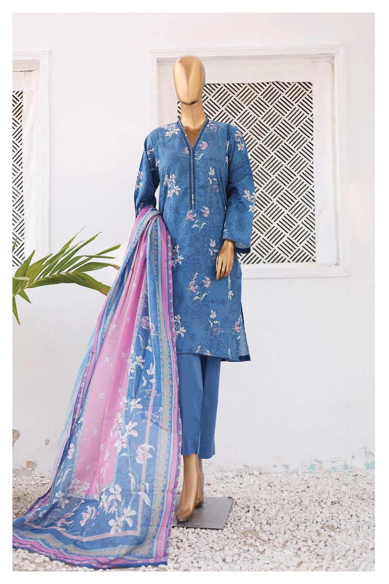 Lawn - Stitched Printed 3piece with Lace work - R.Blue