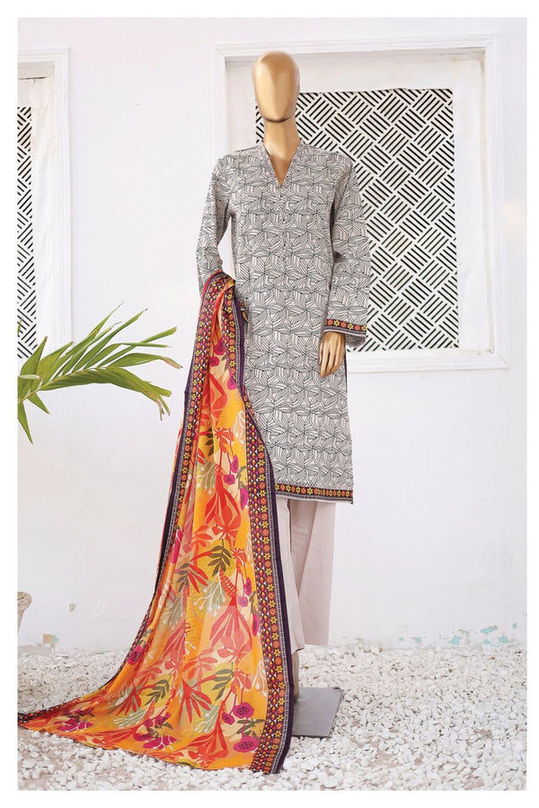 Lawn - Stitched Printed 3piece with Lace work - Grey