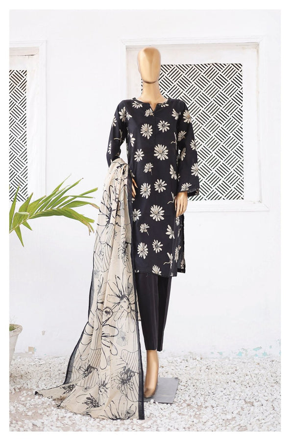 Lawn - Stitched Printed 3piece with Lace work - Black