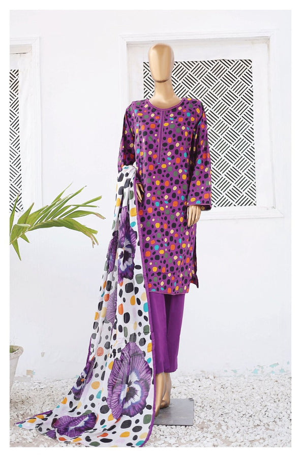 Lawn - Stitched Printed 3piece with Lace work - Purple