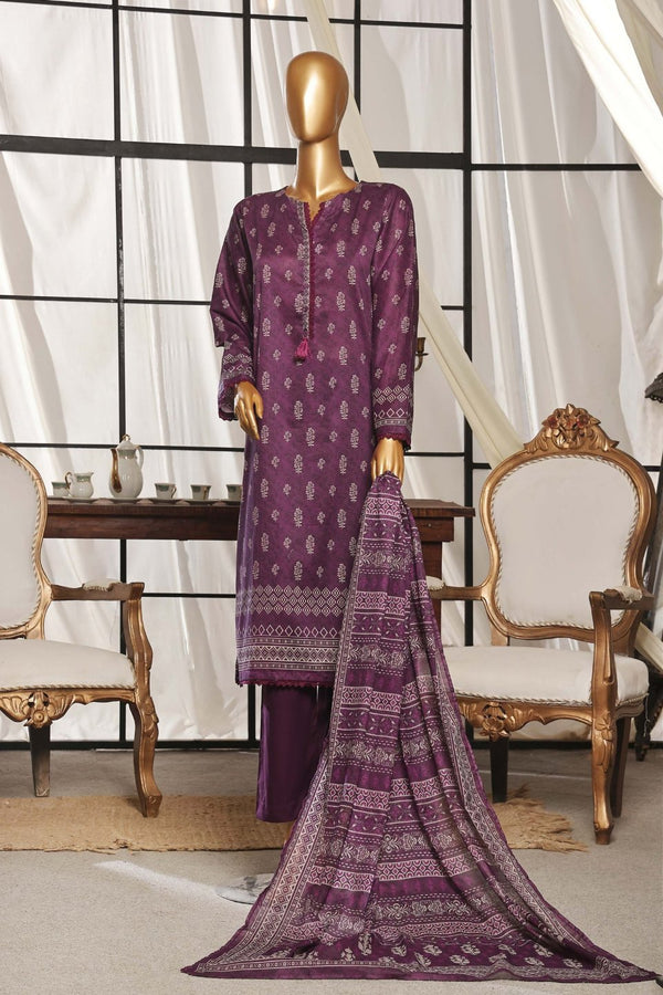 Lawn - Stitched Printed 3piece with Lace work - Purple