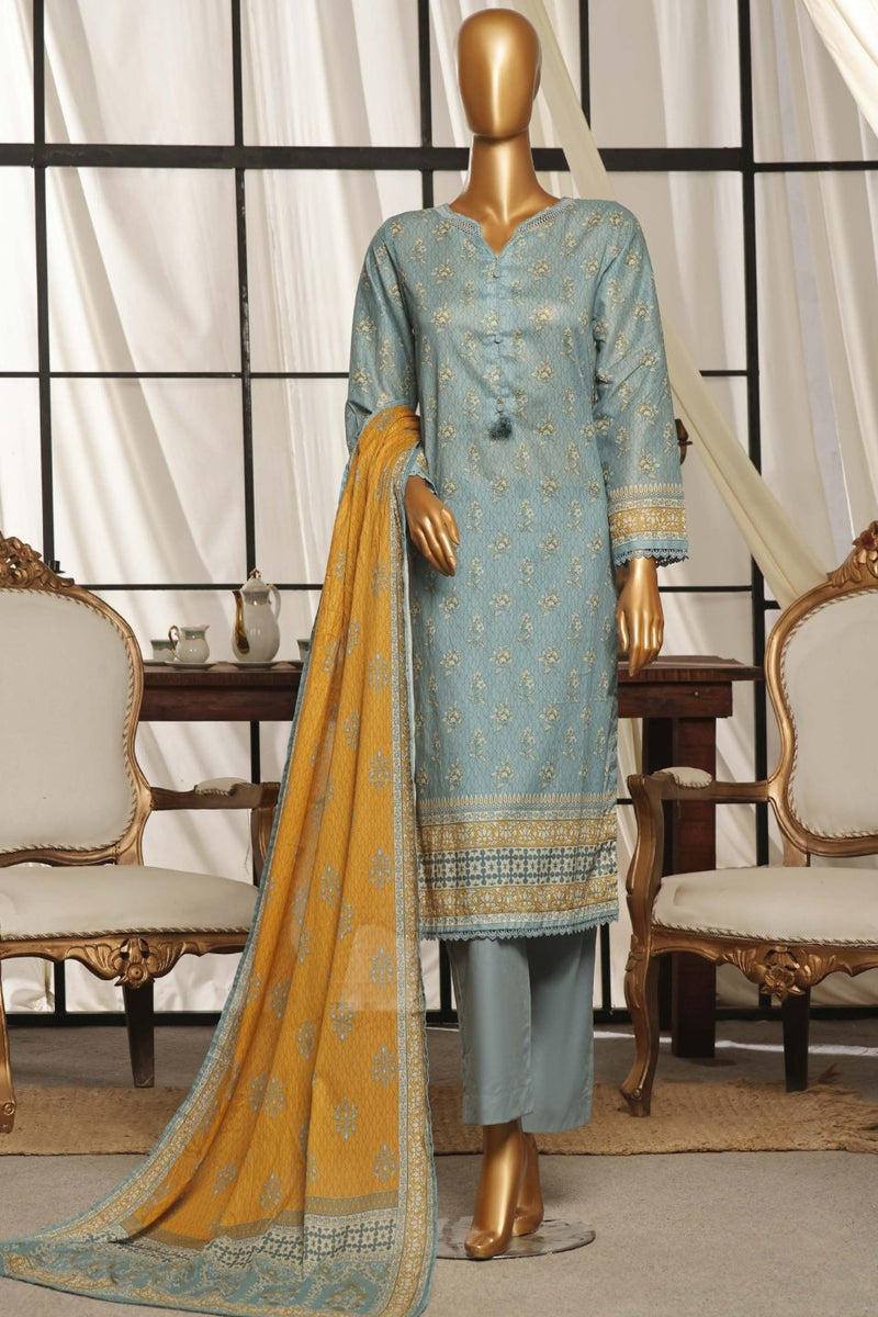 Lawn - Stitched Printed 3piece with Lace work - Azure