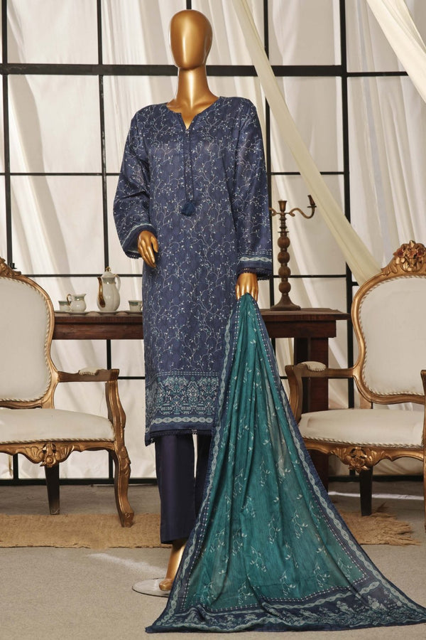 Lawn - Stitched Printed 3piece with Lace work - Blue