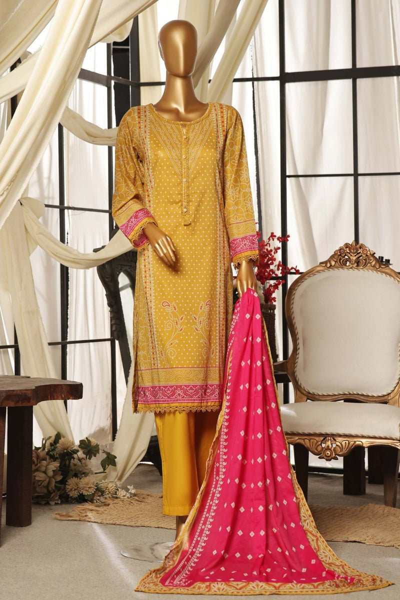 Lawn - Stitched Printed 3piece with Lace work - Yellow