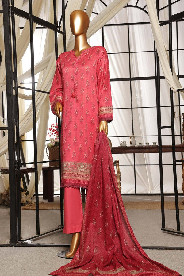 Lawn - Stitched Printed 3piece with Lace work - Pink