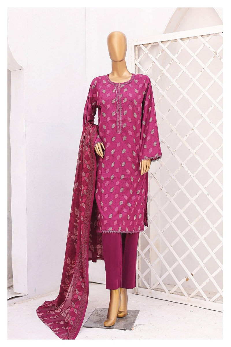 Lawn - Stitched Printed 3piece with Lace work - Fuchsia