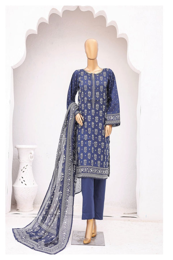 Lawn - Stitched Printed 3piece with Lace work - Blue