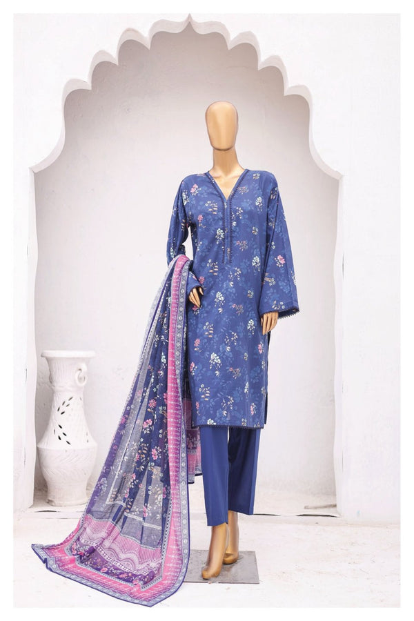 Lawn - Stitched Printed 3piece with Lace work - R.Blue