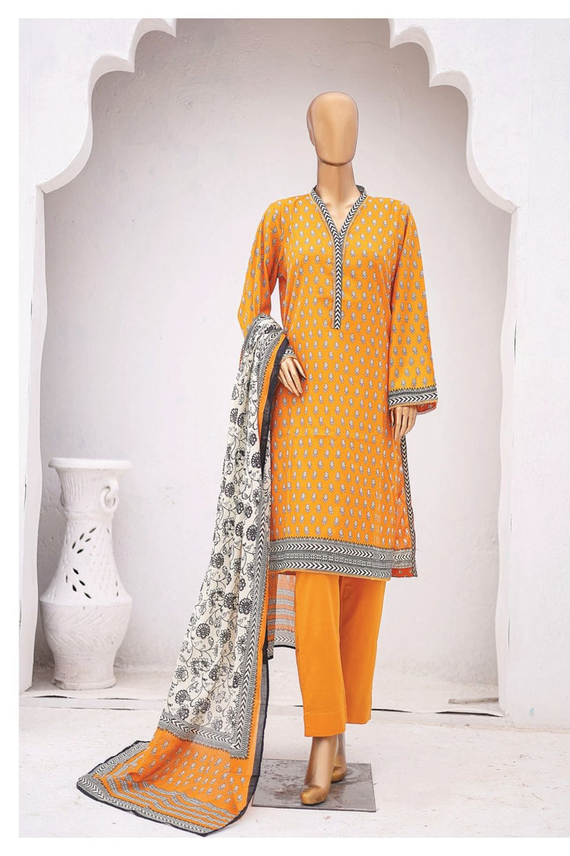 Lawn - Stitched Printed 3piece with Lace work - Yellow