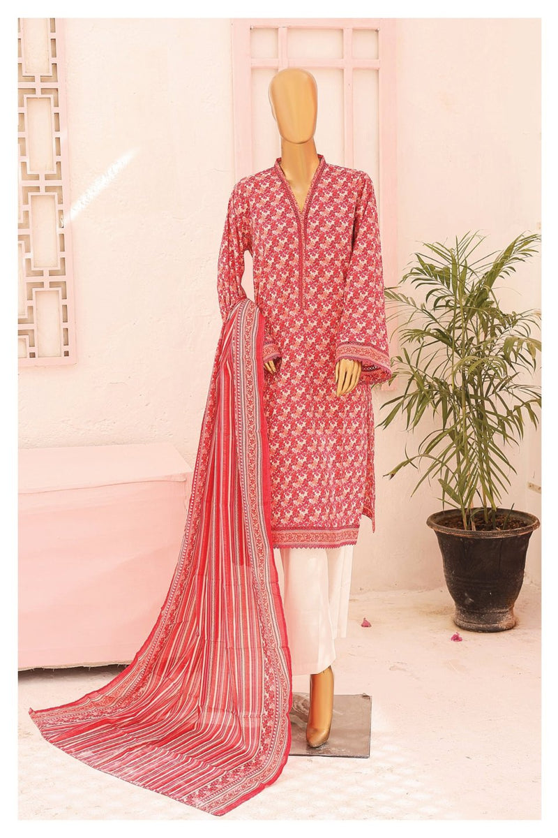 Lawn - Stitched Printed 3piece with Lace work - Pink