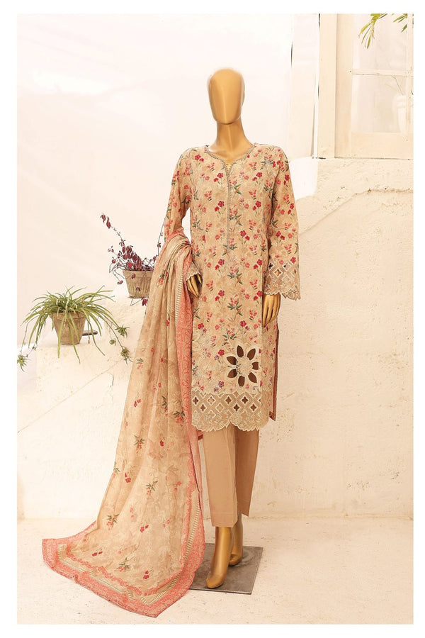 Lawn Kari - Stitched Embroidered 3piece With Schiffli work & Cut work  - Peach