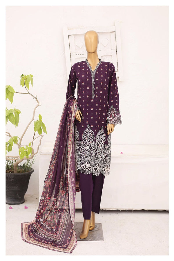 Lawn Kari - Stitched Embroidered 3piece With Schiffli work & Cut work  - Purple