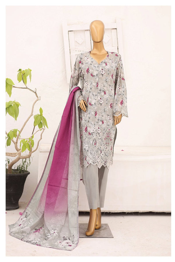 Lawn Kari - Stitched Embroidered 3piece With Schiffli work & Cut work  - Grey