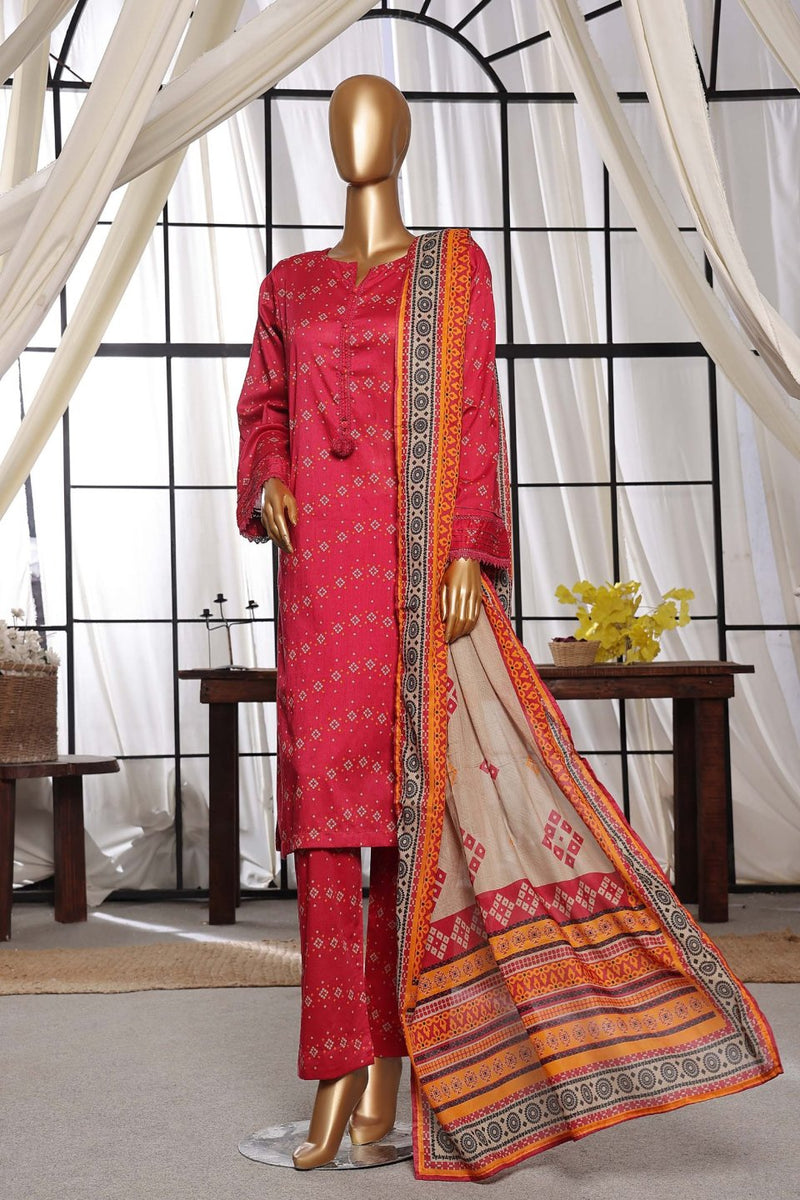 Lawn - Stitched Printed 3piece with Lace work - Fuchsia