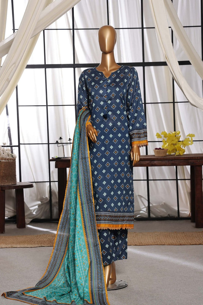 Lawn - Stitched Printed 3piece with Lace work - Blue