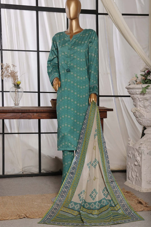 Lawn - Stitched Printed 3piece with Lace work - S.Green