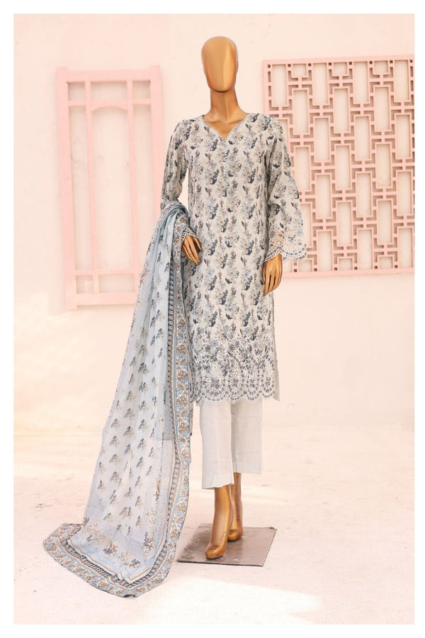 Lawn Kari - Stitched Embroidered 3piece With Schiffli work & Cut work  - Sky-Blue