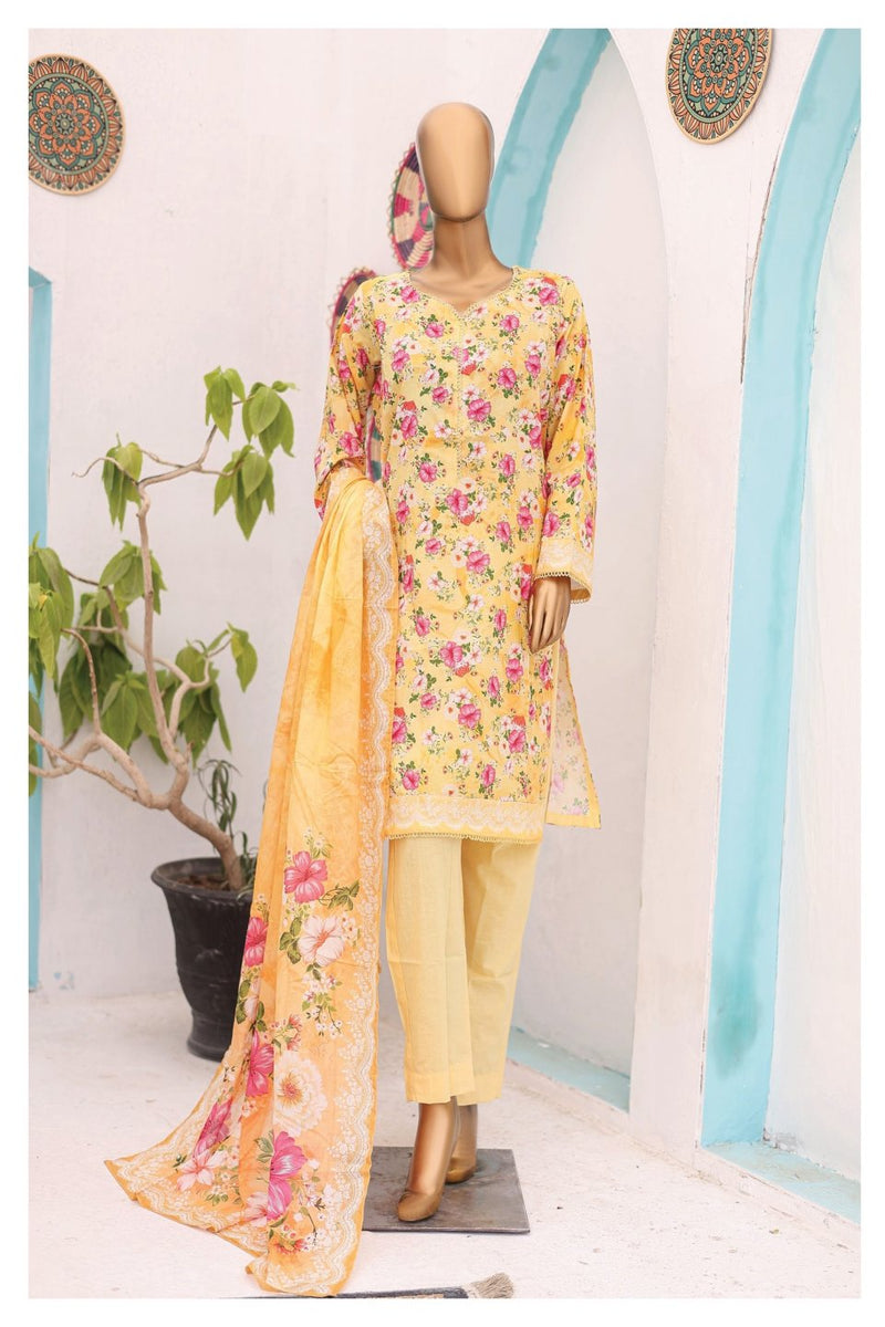 Lawn - Stitched Printed 3piece with Lace work - Yellow