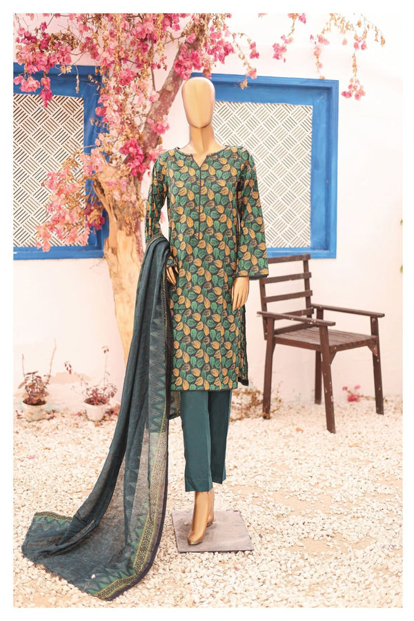 Lawn - Stitched Printed 3piece with Lace work - Green