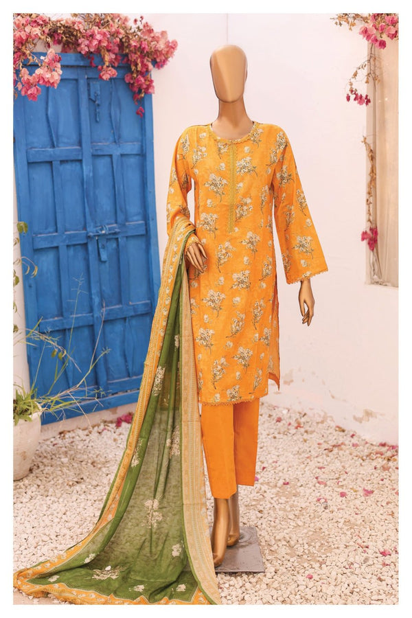 Lawn - Stitched Printed 3piece with Lace work - Yellow