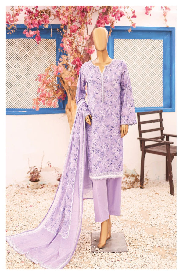 Lawn - Stitched Printed 3piece with Lace work - Lilac