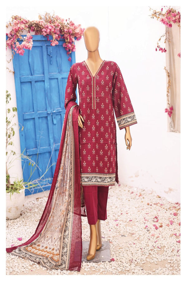 Lawn - Stitched Printed 3piece with Lace work - Maroon