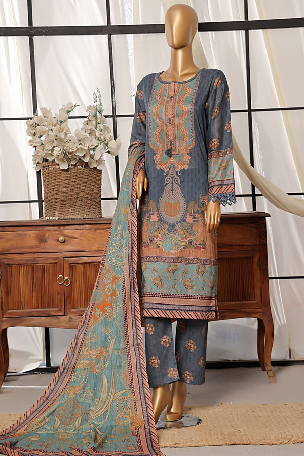 Lawn - Stitched Printed 3piece with Lace work - Blue-Skin