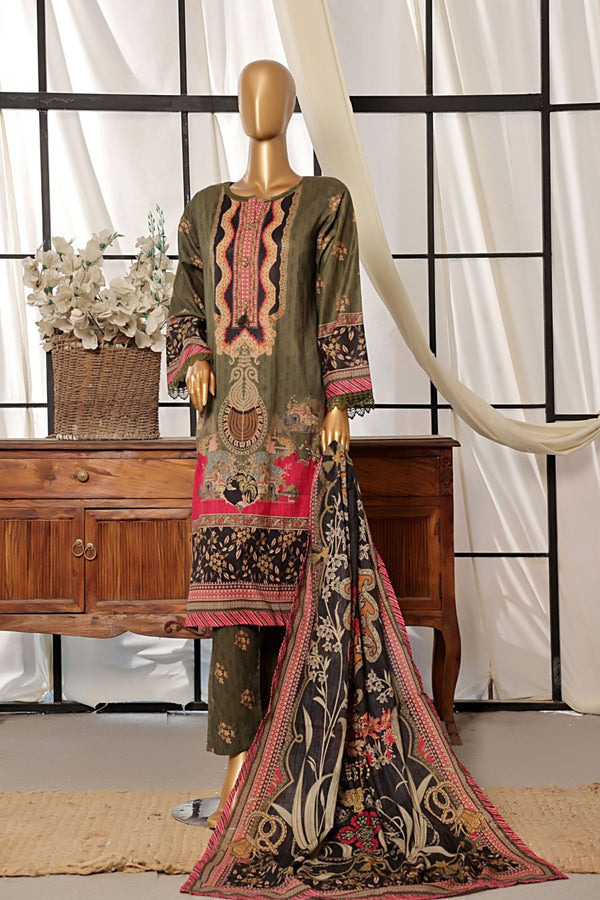 Lawn - Stitched Printed 3piece with Lace work - Green