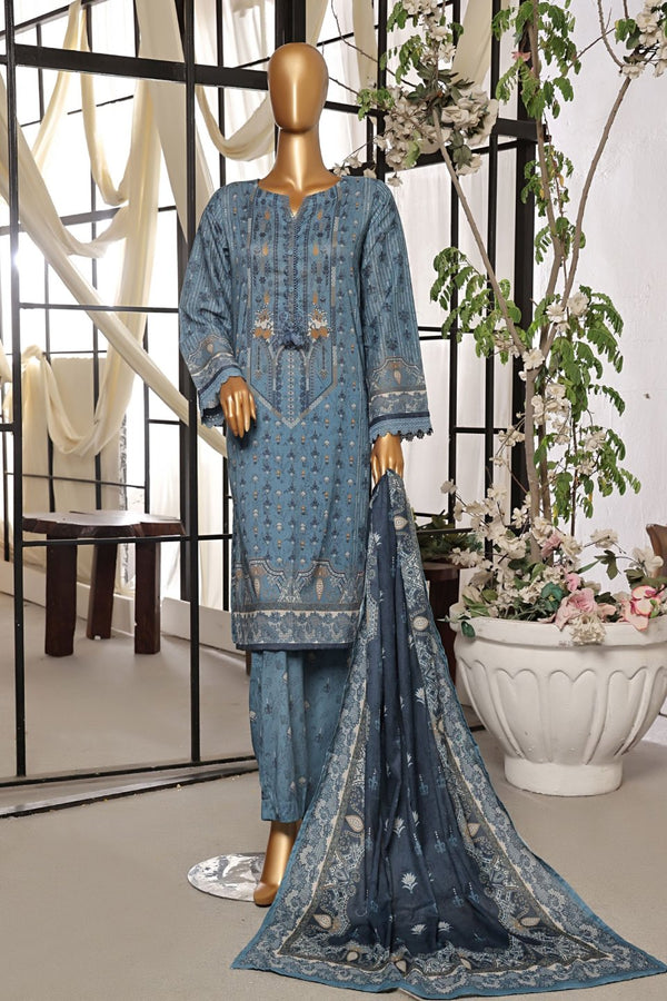 Lawn - Stitched Printed 3piece with Lace work - Azure