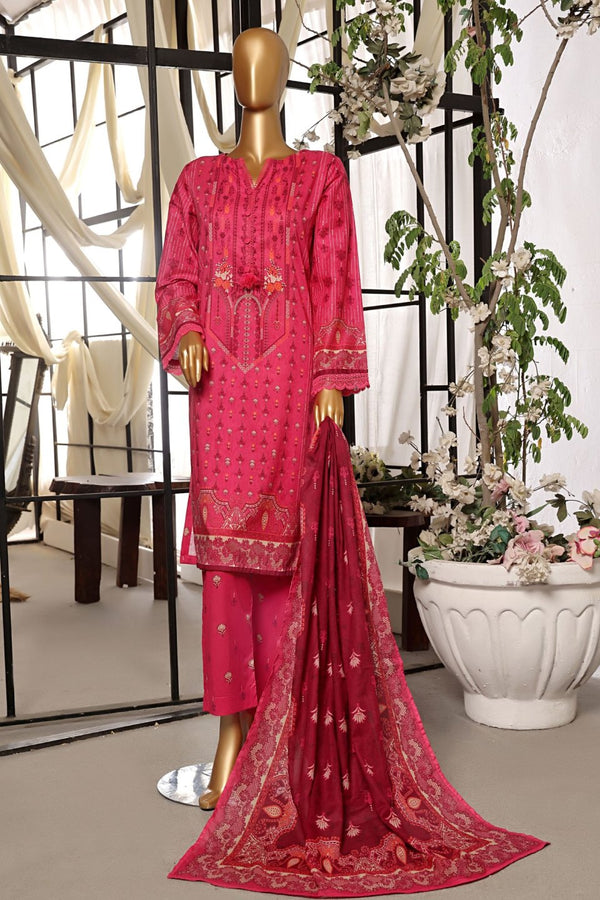 Lawn - Stitched Printed 3piece with Lace work - Fuchsia