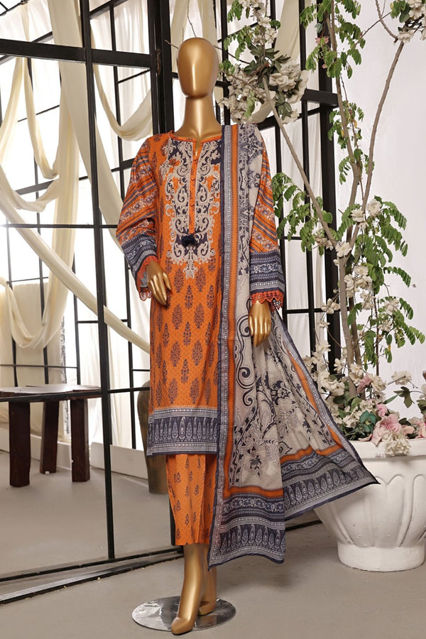 Lawn - Stitched Printed 3piece with Lace work - Rust