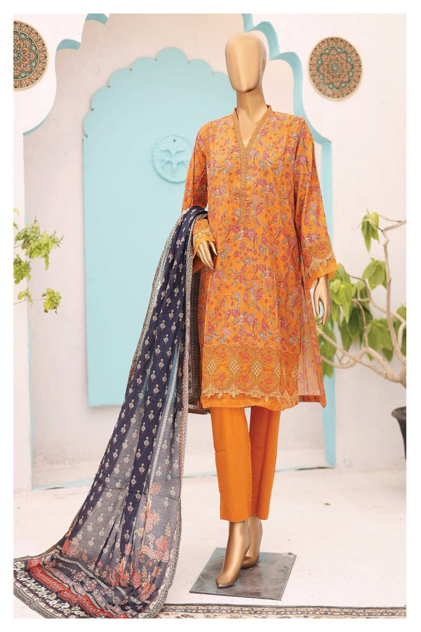 Lawn Kari - Stitched Embroidered 3piece With Schiffli work & Cut work  - Yellow