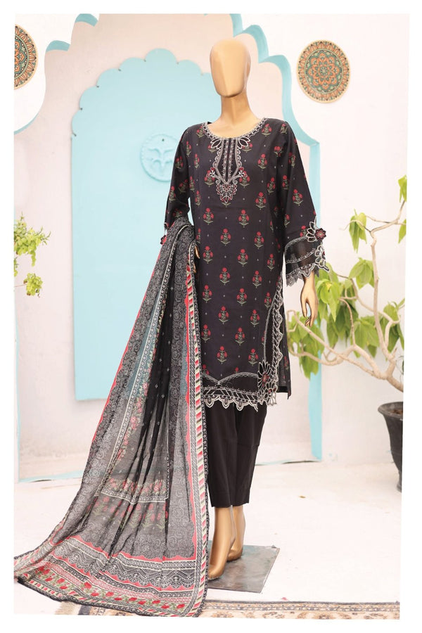 Lawn Kari - Stitched Embroidered 3piece With Schiffli work & Cut work  - Black