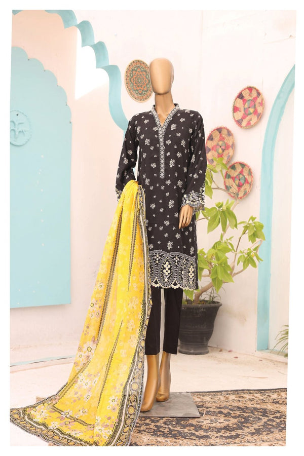 Lawn Kari - Stitched Embroidered 3piece With Schiffli work & Cut work  - Black