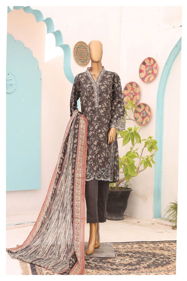 Lawn Kari - Stitched Embroidered 3piece With Schiffli work & Cut work  - Grey