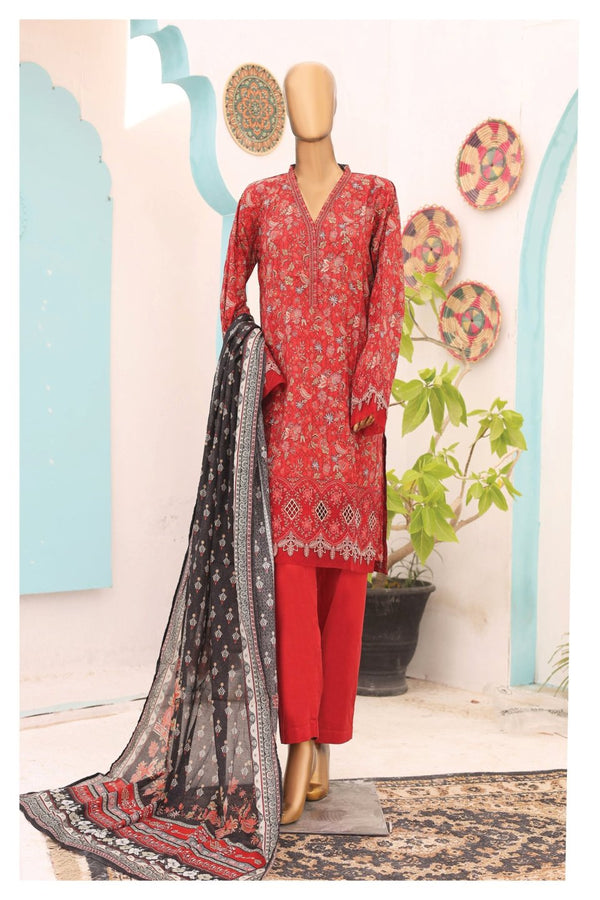 Lawn Kari - Stitched Embroidered 3piece With Schiffli work & Cut work  - Red