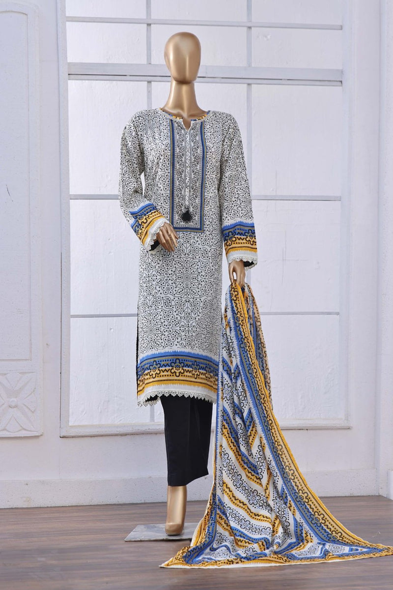 Lawn - Stitched Printed 3piece with Lace work - White-Blue