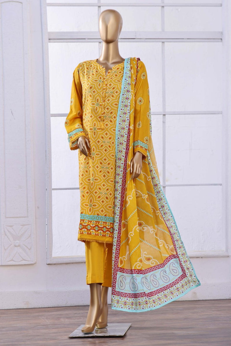 Lawn - Stitched Printed 3piece with Lace work - Yellow