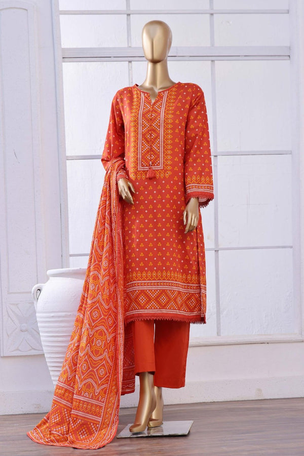 Lawn - Stitched Printed 3piece with Lace work - Orange