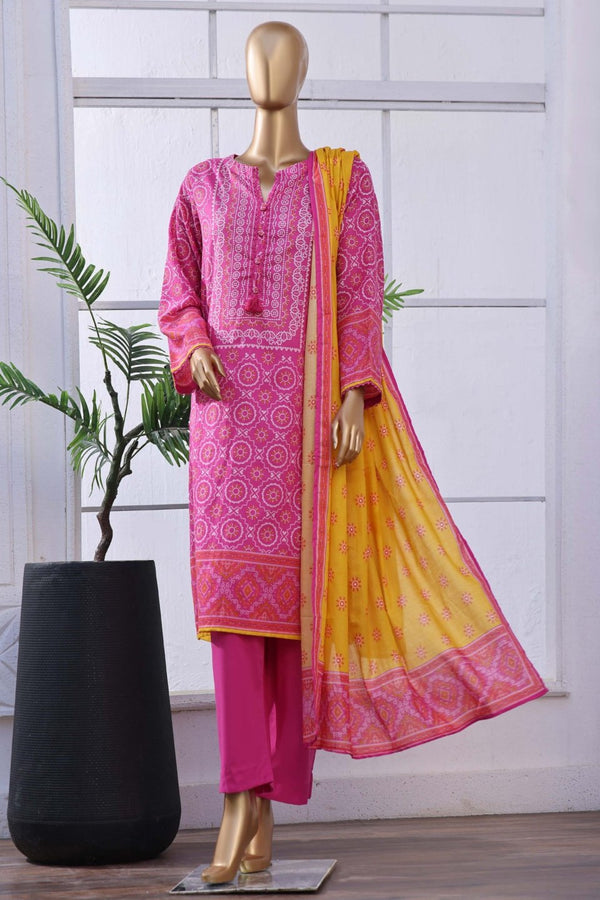 Lawn - Stitched Printed 3piece with Lace work - Pink