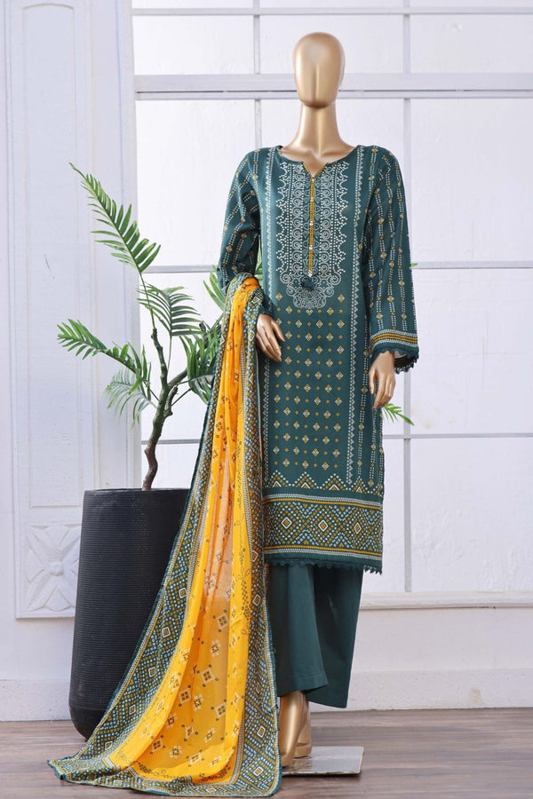 Lawn - Stitched Printed 3piece with Lace work - Green