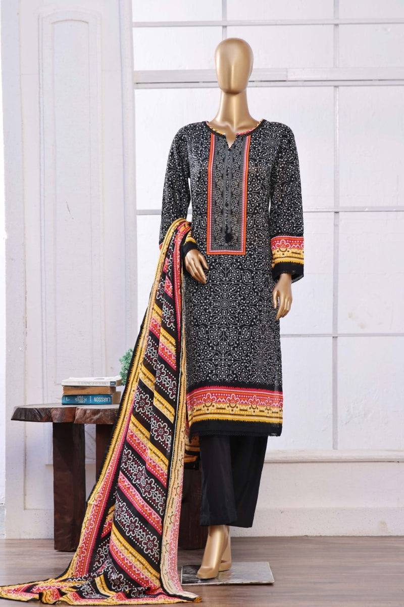 Lawn - Stitched Printed 3piece with Lace work - Black