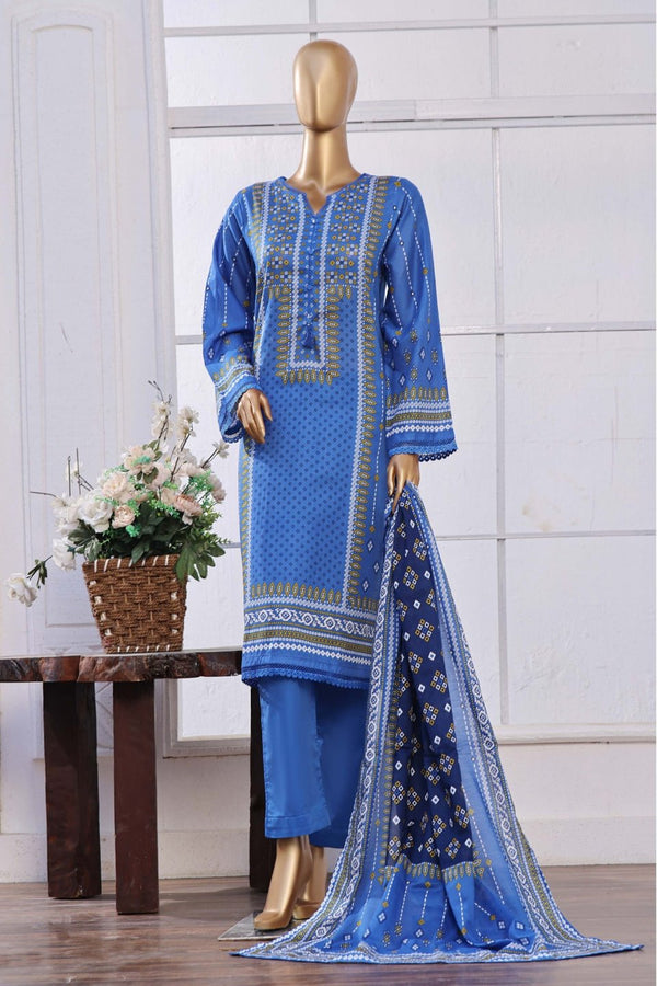 Lawn - Stitched Printed 3piece with Lace work - R.Blue